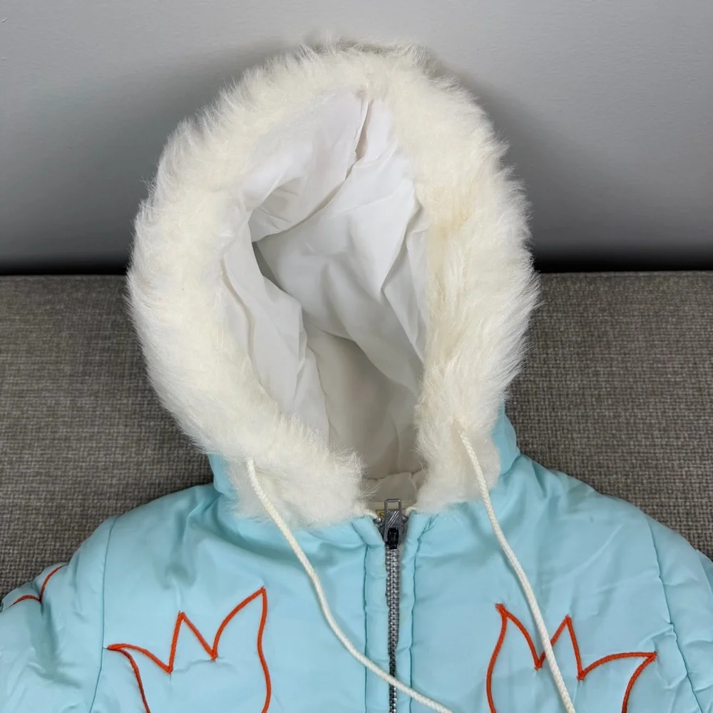 Vintage Sears Blue Tulip Puffer Winter Coat Zip Up Jacket Hood Small 6-9 Months